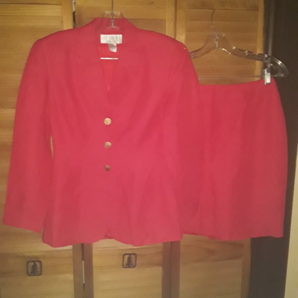 Vintage Petite Sophisticate SZ 4 Red Orange Short Skirt Set Linen Blend